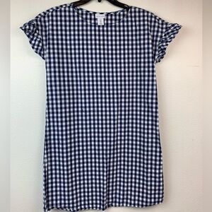 Tabitha Web stretch cotton navy blue check ruffle cap sleeve shift dress, EUC